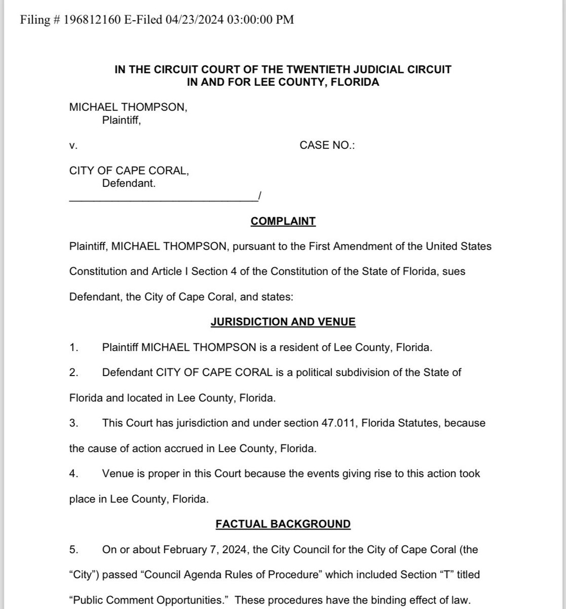 I just filed suit against the City of @CapeCoral on behalf of my client @Michael4FL for their recently enacted unconstitutional “rules of procedure,” which state that any attendee who is “boisterous” can & will be suspended from city council meetings—extremely overboard, vague,