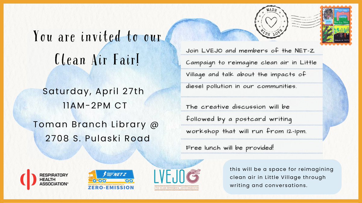 Did you know that approximately 2,736 trucks pass DAILY through 31st and Pulaski? Do you want to learn more about the impact of trucks in the community? Join LVEJO and members of the NETZ campaign on Saturday, April 27th from 11am-2pm CT!