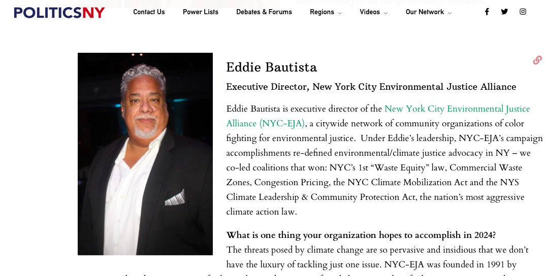 We're also pleased to see NY Renews Steering Committee member @eddiebautista08 Executive Director of @NYCEJAlliance featured. Under Eddie’s leadership, NYC-EJA’s campaign accomplishments have re-defined environmental and climate justice advocacy. Here's to staying with it!