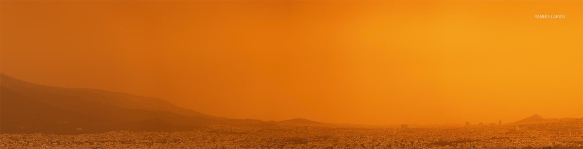 Veil of Sahara dust over #Athens #Greece at 19:00. Panoramic view of the city from Imitos Mt on the left to Lycabettus hill on the right.

#σκονη #dust #photography #meteo #meteogr #StormHour #weather #yannislarios #skaikairos @skaikairos