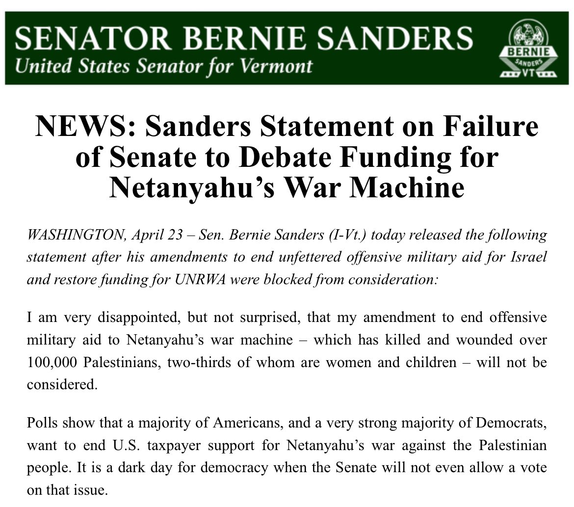 It is a dark day for democracy when the Senate will not even allow a vote on whether U.S. taxpayer dollars should fund Netanyahu’s war against the Palestinian people.