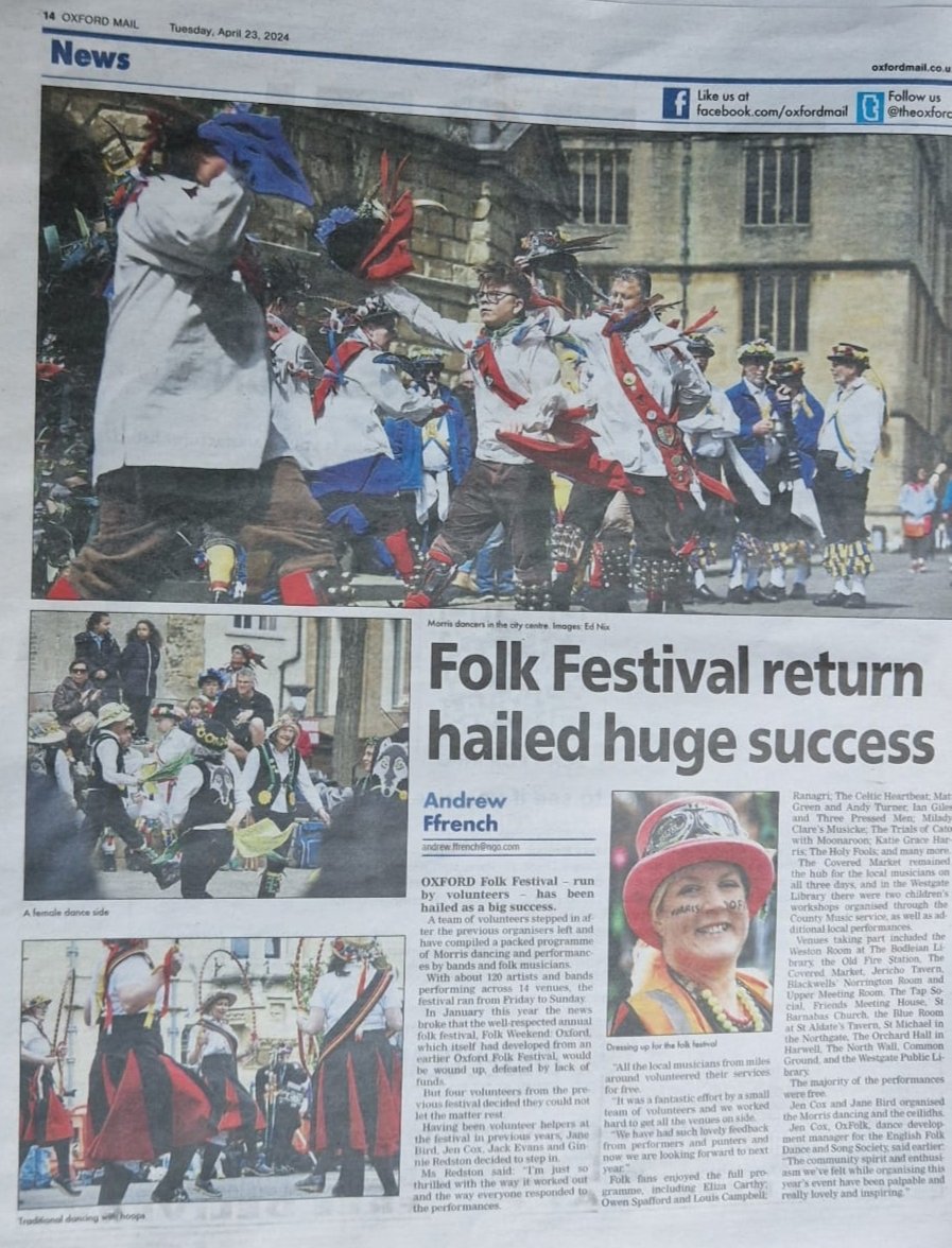 Great feature in the @oxfordmail on @OxfordFolkFest
#morrisdancing #dance #folkdance #folksong #oxford #oxfordfolkfestival