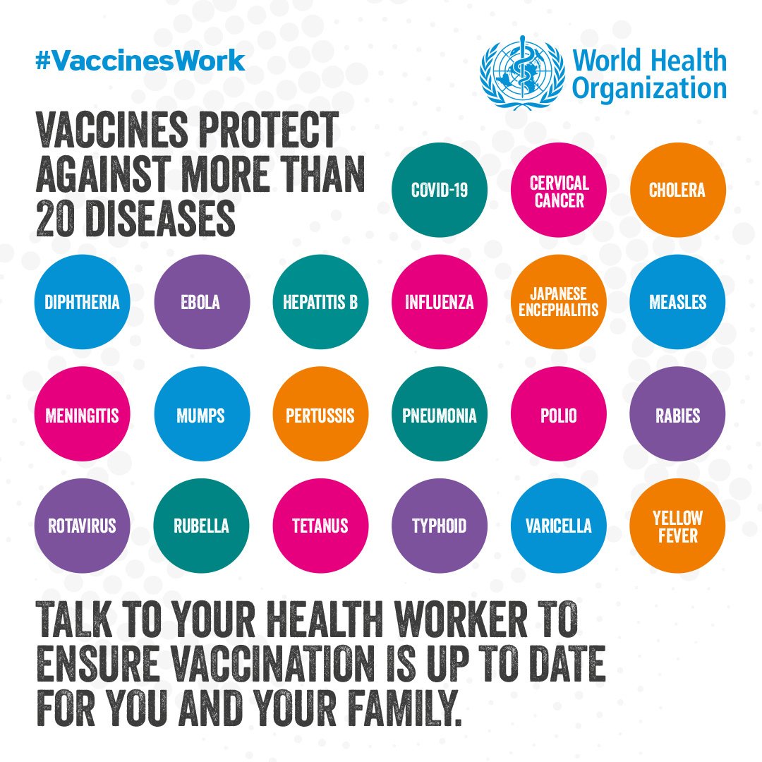 Routine immunizations help stop the spread of preventable diseases & avert the risk of dangerous outbreaks.

During this #WorldImmunizationWeek, @WHO explains how #VaccinesWork & help protect people of all ages: who.int/health-topics/…