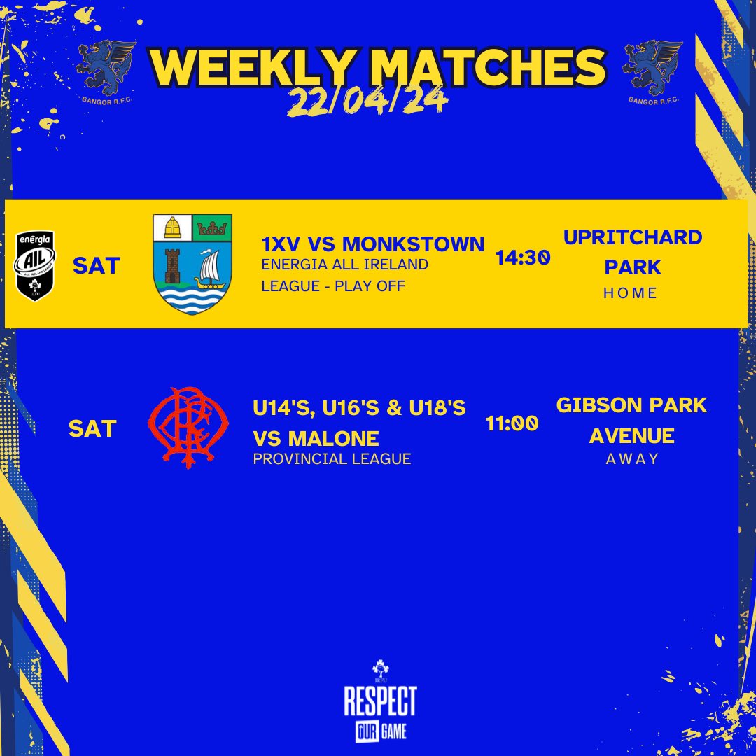 🚨 THIS WEEK! 🚨 Our 1XV take on @MonkstownFC in the play off to stay in the #EnergiaAIL (incase you didn’t know already!) 🥵 Our youth teams are away to @MaloneRFC to wet the tastebuds for the day ahead! 💪 Lots more details to come, keep an eye out 👀 #BGUTHB