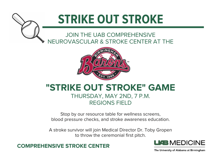 Join the UAB Comprehensive Neurovascular & Stroke Center & @BhamBarons at Regions Field for the 'Strike Out Stroke' game, dedicated to educating & raising awareness about #strokes. Swing by our table for blood pressure checks & wellness screens to keep your health in top form!⚾