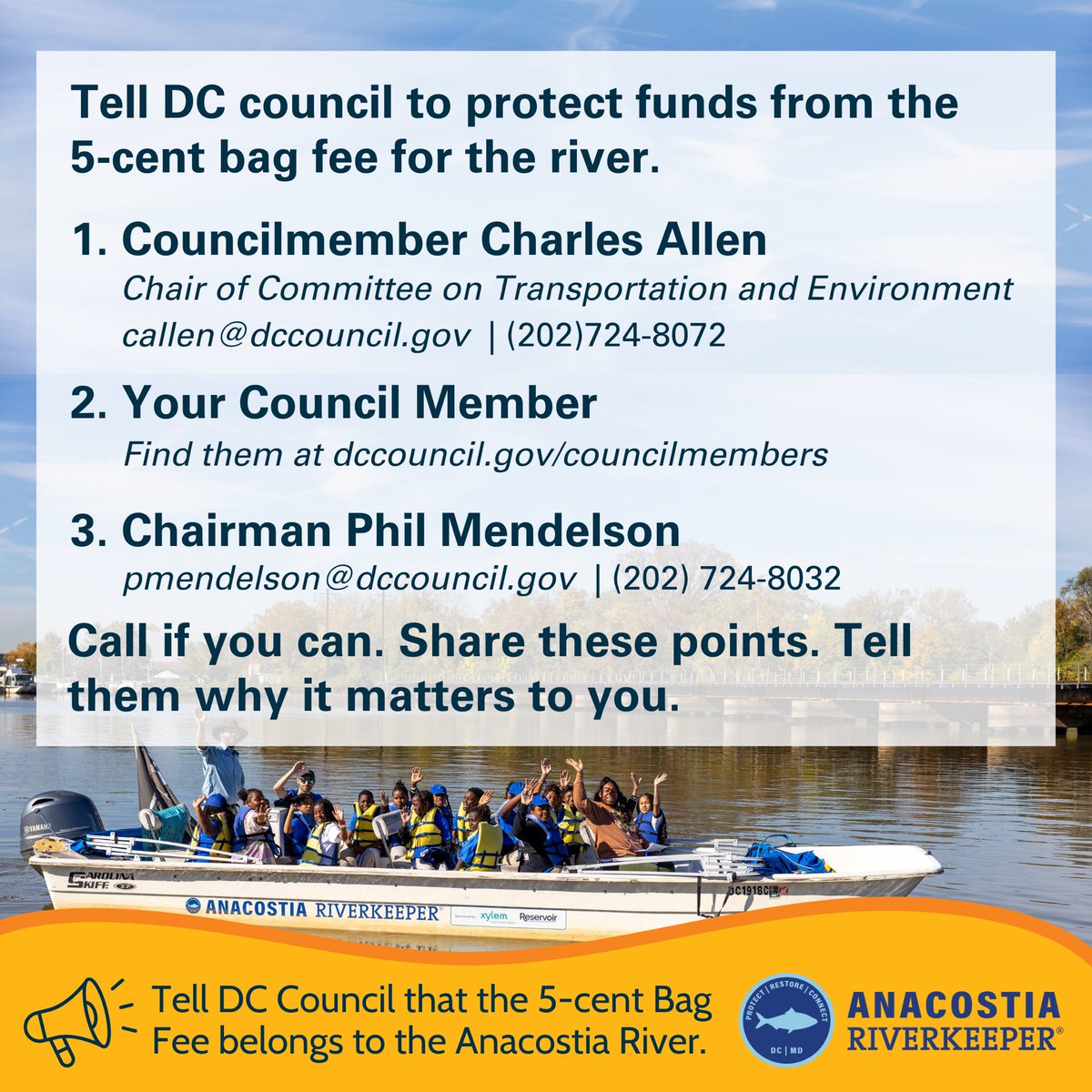 Action alert! The draft fiscal 2025 budget before the DC Council sweeps nearly all the $2M in bag fee money from the Anacostia River Clean Up Fund that funds critical programs including boat tours. Tell DC Council that the 5-cent Bag Fee belongs to the Anacostia River.
