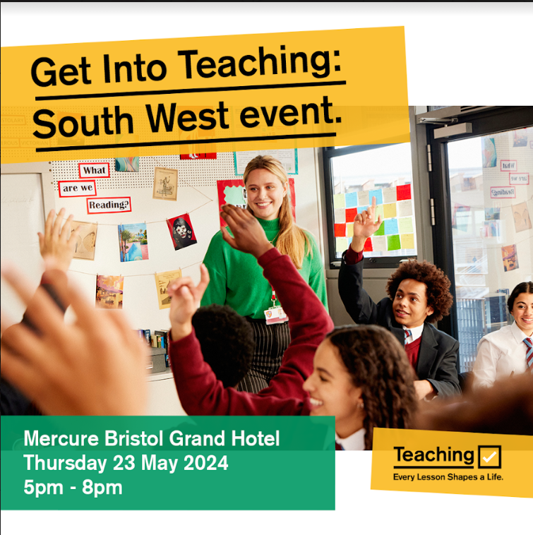 Looking forward to attending the final Bristol @getintoteaching event of the academic year on May 23rd!  Come along and find out more about great local routes into teaching @_TPLT_ @5countiesTSHA @clfscitt