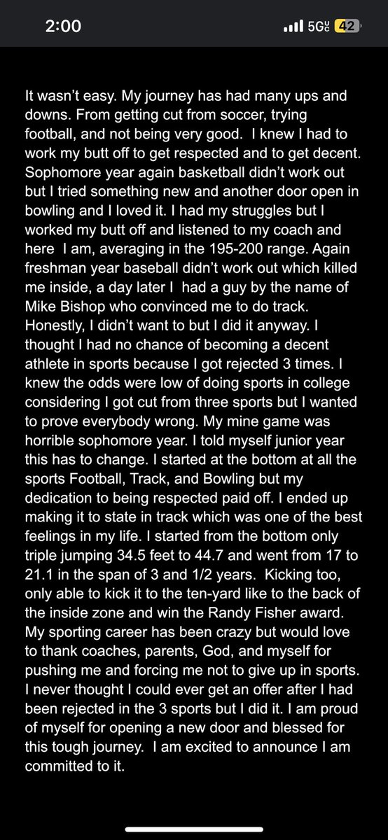 I am very excited to announce my commitment to Southwest Baptist University for track and field. I am very thankful for coaches, family, and teammates for pushing me these 4 years to make this possible. I wanna thank God for helping me trust his plan. Below  is my journey.