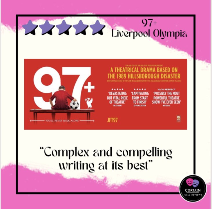 ⭐️⭐️⭐️⭐️⭐️ Curtain Call

‘Leaving the theatre with tears in your eyes and a lump in your throat is a sign of outstanding emotional delivery…perfect for fans of football but would be enjoyed by anyone who has a heart.’ ❤️

curtaincallreviews.co.uk/97-?s=08

#theatrereview #fivestarreview