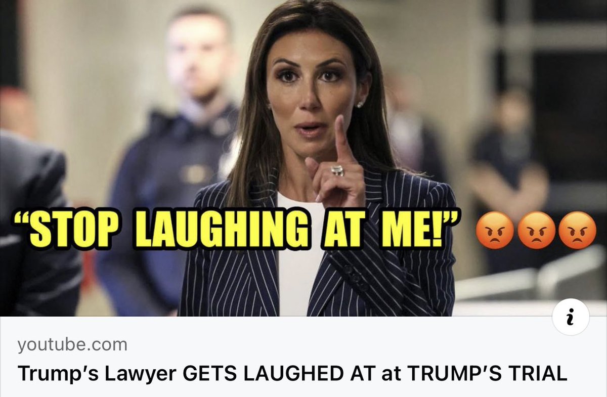 BREAKING VIDEO:🚨 Trump’s lawyer Alina Habba just got LAUGHED AT at Trump’s criminal trial!🤣🤣🤣 Watch the moment here: youtu.be/ecrQqK_-gFQ?si… Please retweet and hit the ❤️ if you’re glad that she got humiliated!
