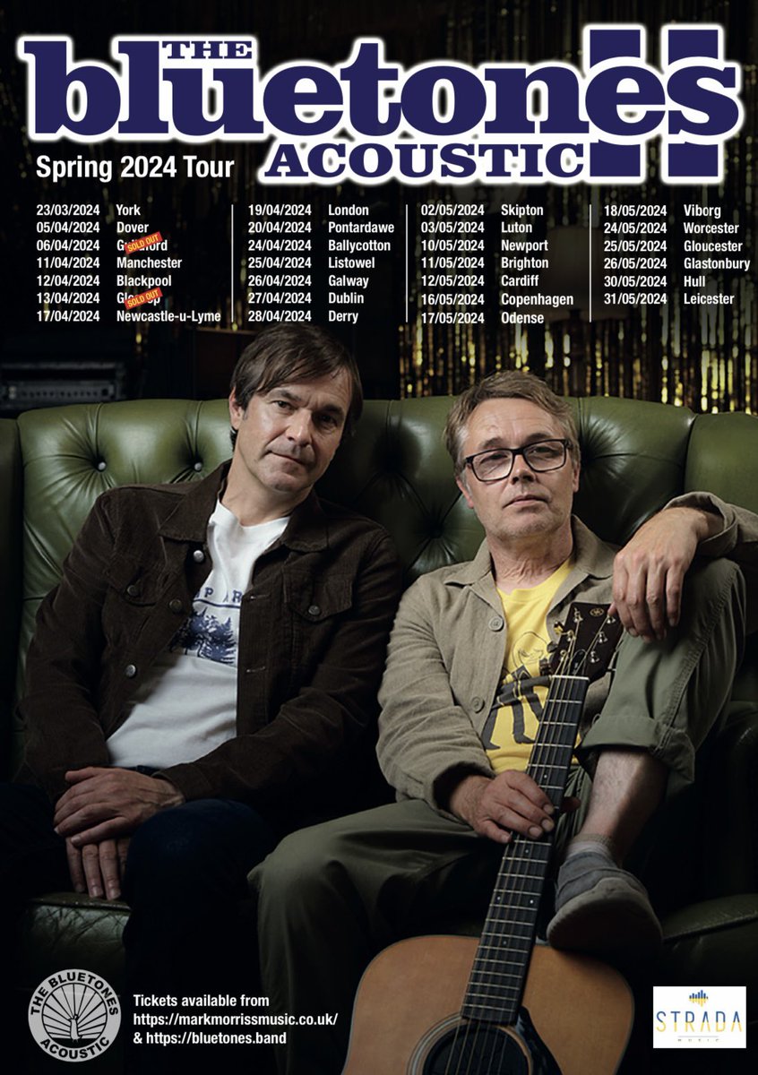 Mark and Adam start their Bluetones Acoustic tour of Ireland tomorrow. 
Dublin has already SOLD OUT but tickets available for Ballycotton, Listowel, Galway and Derry. 

bluetones.band/live/