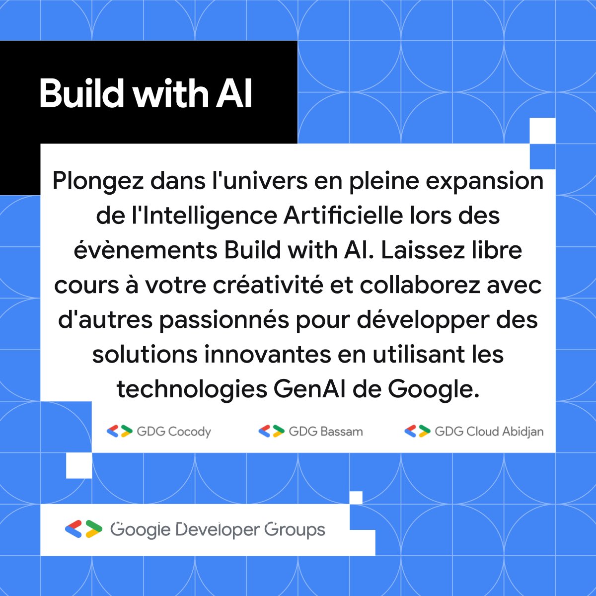[Build with AI] 🥳🥳🥳🥳

🗓️: 04 Mai 2024
🕔: 15h00 UTC+00
👥: <a href="/gdgcocody/">GDG Cocody #devfestcocody23</a> + <a href="/GDGCloudAbidjan/">GDG Cloud Abidjan</a> + <a href="/GDGBassam/">GDG Bassam</a>
📍: en ligne

RSVP: gdg.community.dev/e/my2gez/

🗣️:sessionize.com/build-with-ai-…