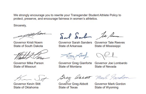 Over five months ago, I led eight of my fellow Republican governors in urging the NCAA to rewrite its Transgender Student Athlete Policy.

I’m proud that so many female athletes are standing up for what we know is true: ONLY women should play women’s sports.