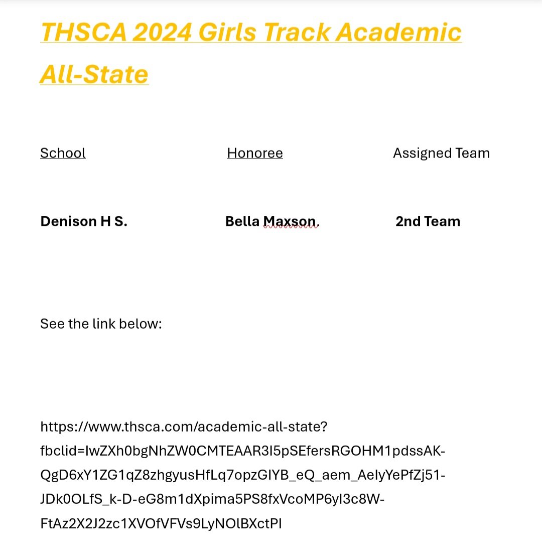 @bellamaxsonn 
Congratulations 2024 THSCA Girls Track & Field (Academic All State)
#studentathlete