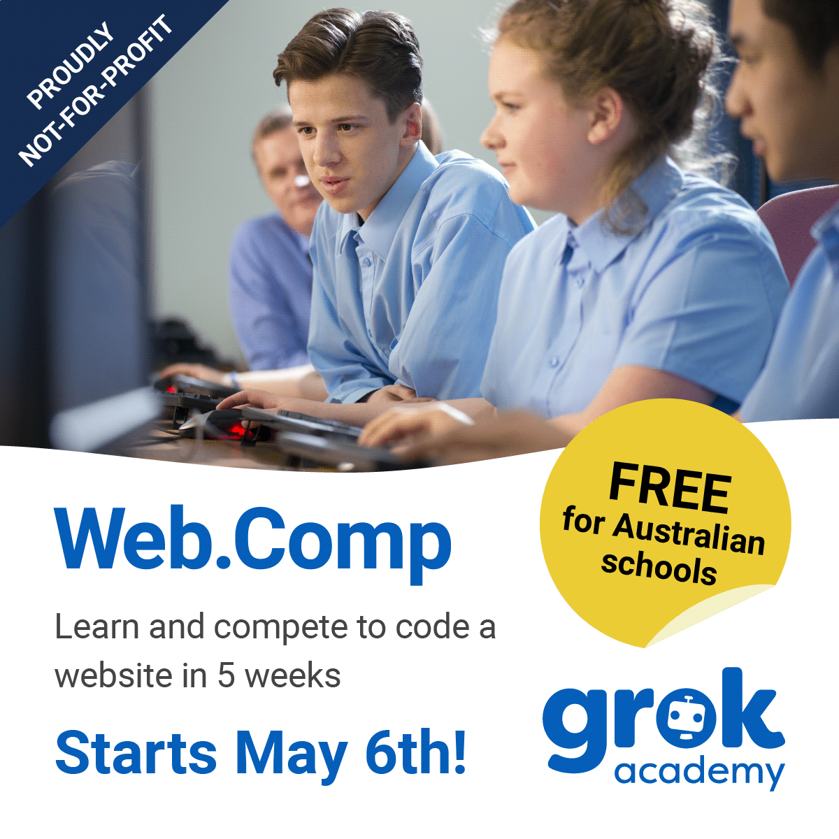 grokacademy's tweet image. 🌟Unleash your creativity with Web.Comp!🎨This 4-week learn-as-you-go competition finishes with a 1-week tournament where students design their own web page! 
grokacademy.org/webcomp 
#GrokAcademy @WiseTechGlobal