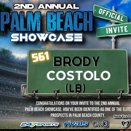 Brody Costolo (@costolobrody) on Twitter photo Extremely blessed to be invited to the <a href="/EraPrep/">New Era Prep</a> palm beach showcase!!
<a href="/BocaRatonFB/">Boca Raton Football</a> <a href="/ESPNTop63/">ESPN Top 63</a> <a href="/emilee_smarr/">Emilee Smarr</a> <a href="/FutureDraftStyl/">FutureDraftStyle</a> <a href="/PrepRedzoneFL/">Prep Redzone Florida</a> <a href="/rob_l53/">Trey Lingold</a> Extremely blessed to be invited to the <a href="/EraPrep/">New Era Prep</a> palm beach showcase!!
<a href="/BocaRatonFB/">Boca Raton Football</a> <a href="/ESPNTop63/">ESPN Top 63</a> <a href="/emilee_smarr/">Emilee Smarr</a> <a href="/FutureDraftStyl/">FutureDraftStyle</a> <a href="/PrepRedzoneFL/">Prep Redzone Florida</a> <a href="/rob_l53/">Trey Lingold</a>