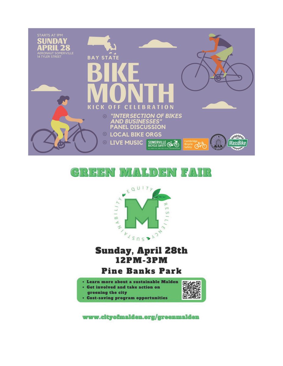 End Earth Month at the Green Malden Fair @PineBanksPark on Sun., April 28th from 12-3pm and start Bike Month right at the Bay State Bike Month Kick Off Celebration @AeronautBrewing in Somerville from 1-5pm. We'll see you there! #greenmaldenfair #bikemonth2024 #biketothesea