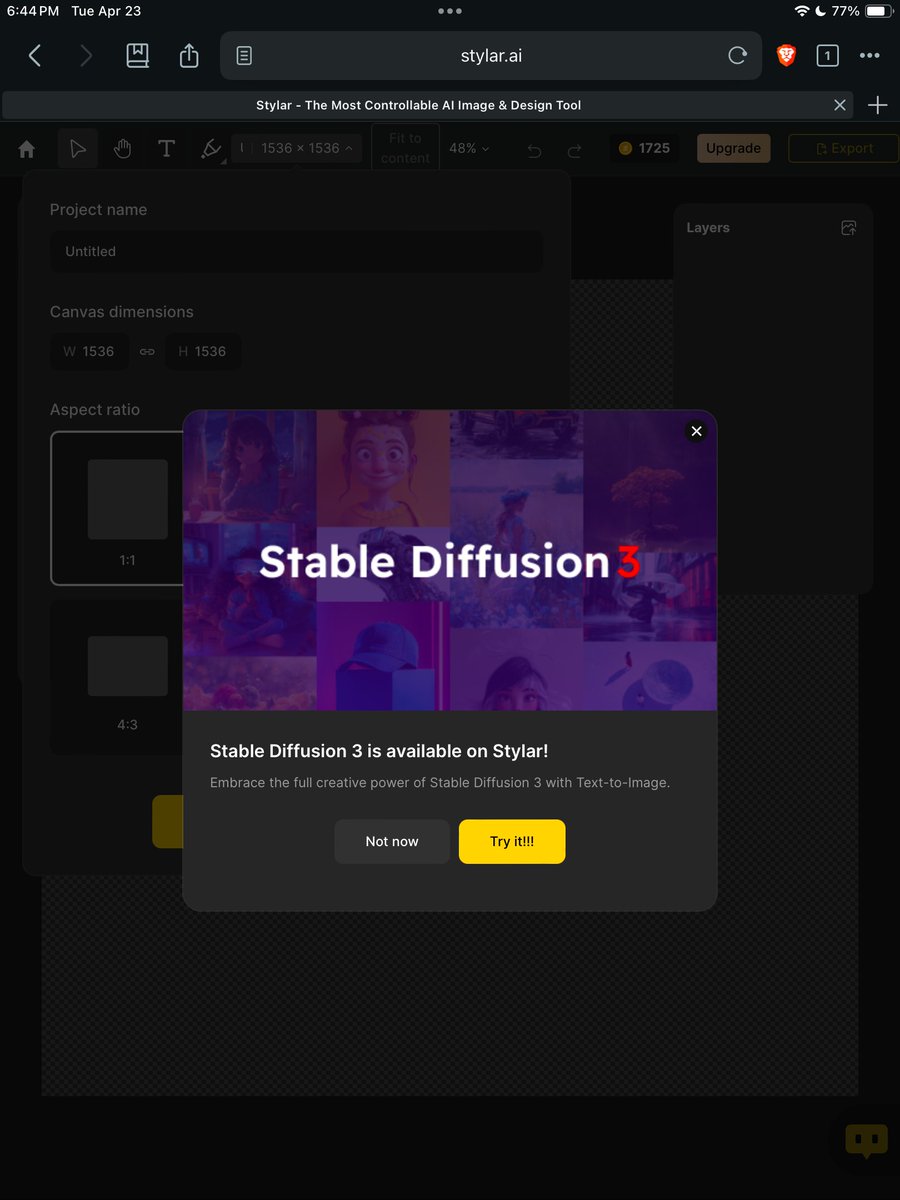 Stable Diffusion 3 is on @stylar_ai right now!

Not only is the hottest new SD3 available for Image to Text… but there’s also Remove Background, Generative Fill/Expand, Image to Image, Face Kit, Enhance… and more.

Come discovery the amazing #StylarAi All in One Designer!