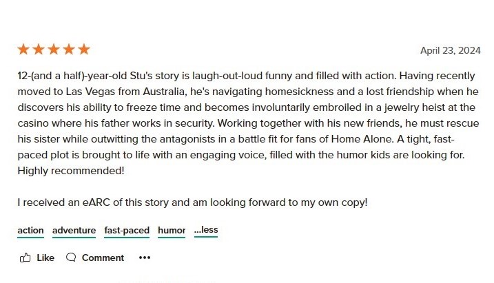 My first Goodreads review for STU AND THE SKETCHY TIME STOPS and it's 5 stars!!! 
⭐⭐⭐⭐⭐
Stu will be out 23rd May! One month to go! Details and preorder link at website in bio.

#StuandtheSketchyTimeStops #TheSketcherSeries #loveozmg #mg #middlegrade #kidlit #ComingSoon