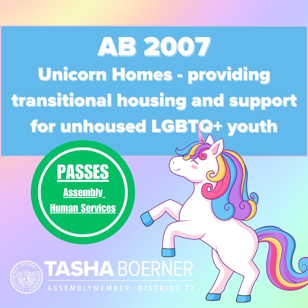 #AB2007, my bill on Unicorn Homes, passed the Assembly Human Services Committee. Thank you to my colleagues who voted in support! I am proud to work with Equality California and the North County LGBTQ Resource Center to provide housing & resources for our unhoused LGBTQ+ youth.