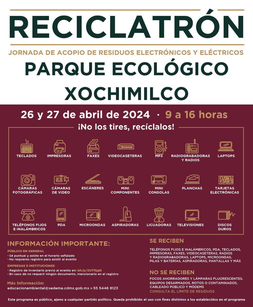El día se acerca ⏳ Prepara tus residuos eléctricos y electrónicos, como:

Impresoras, teléfonos fijos e inalámbricos, videocaseteras, radiograbadoras, computadoras y más 😉 

Te esperamos en el Parque Ecológico de Xochimilco 📺📹📠