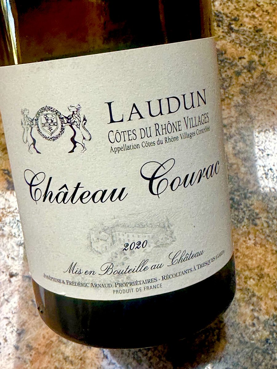 hey all / Château Courac / v. 2020 / CdR with some Northern Rhone (Syrah) funk and skunk / 50% Syrah / 30% Grenache / very good / especially with a grilled pork chop tonight / Cheers!