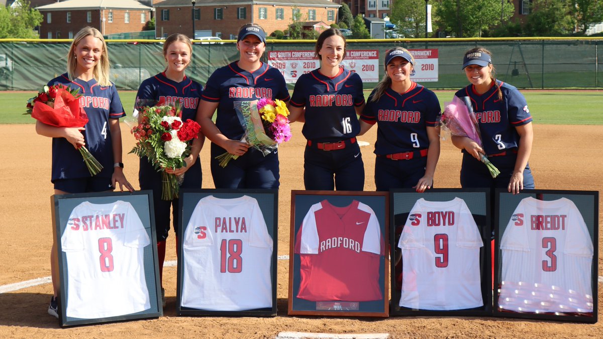 RadfordSoftball's tweet photo. In-between today's games, we honored our seniors Abby, Taylor, Kyndall, Tori, Emma, and Ellen! Thank you for everything you've done in your time as Highlanders and we can't wait to see what you accomplish in the future! ❤️

#RiseAndDefend https://t.co/kSQt4sc1ll