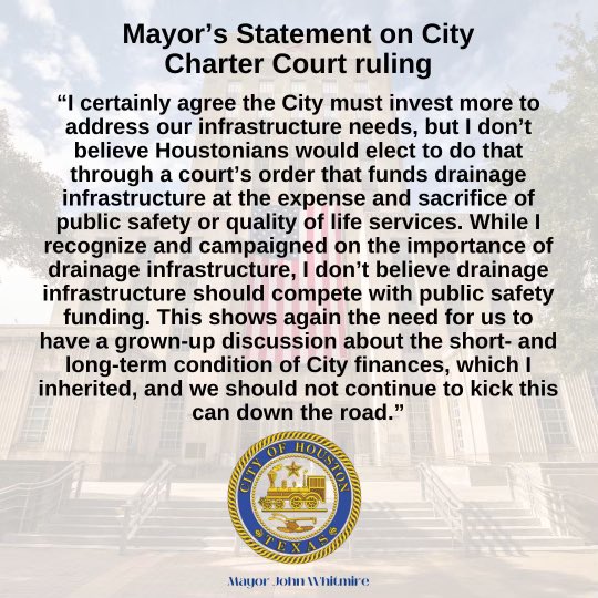 News ➡️ @HoustonTX will appeal the 14th Court of Appeals decision that disregards the City’s Charter revenue cap when applying dedicated drainage fee required by another Charter provision.