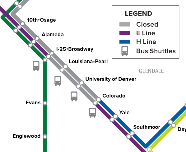 RTD will offer temporary bus shuttle service April 23-25 for E & H lines between I-25•Broadway and Colorado. Regular service will resume Friday, April 26. During the scheduled work, E and H Line trains will not operate on their regular routes. Refer to Next Ride to check times.