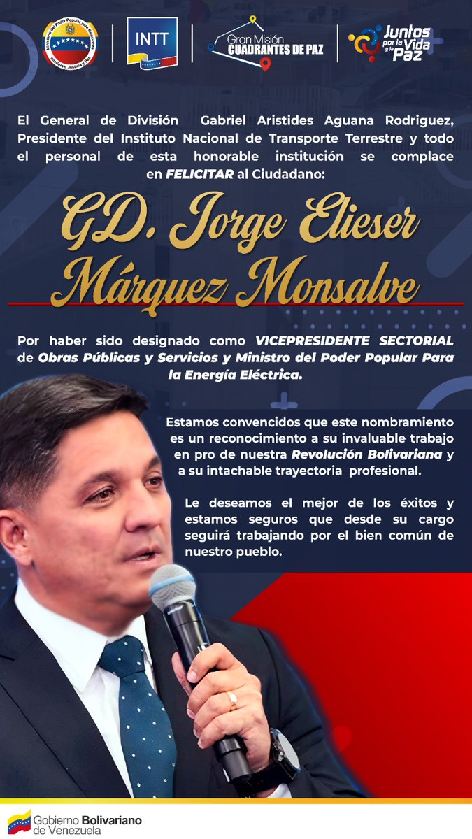 #Felicitaciónes por el Nombramiento al G/D Jorge Eliezer Márquez Monsalve cómo Vicepresidente Sectorial de Obras Públicas y Servicios y Ministro del Poder Popular Para La Energía Eléctrica.

#23ABR2024