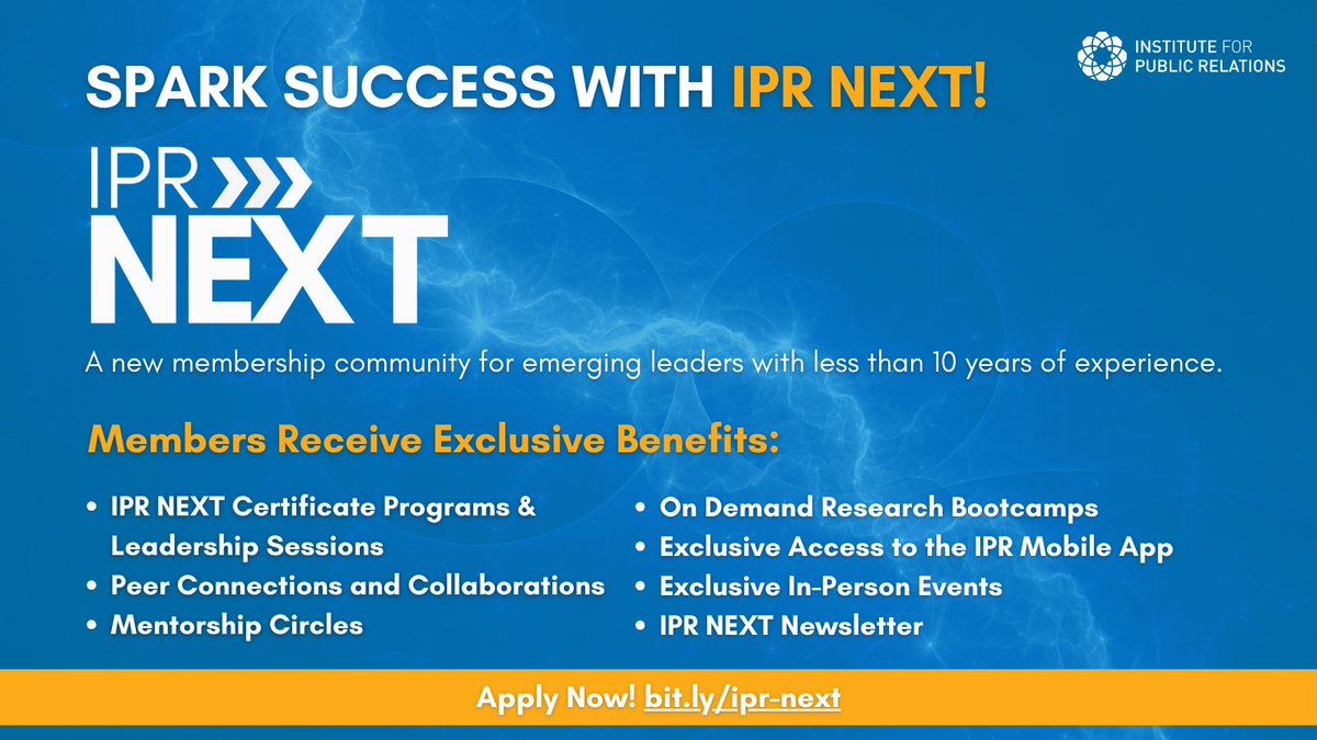As a member of IPR ELEVATE, I’m thrilled that the @InstituteForPR is expanding its membership opportunities through IPR NEXT – a new community for emerging leaders with less than 10 years of experience. Apply online or check out its benefits, here: bit.ly/ipr-next.