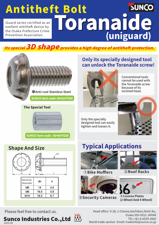 jis_screw's tweet photo. Antitheft Bolt Tranaide.

It has special 3D shape!
It can't be tightened and loosened without special tool.

If you are interested in this product, please feel free to contact us any time!

#Japan #Osaka #SUNCO #socketboy #fastener #screw #fastenerdistributor #metric #JIS #bolt https://t.co/T1d4SdrqHE