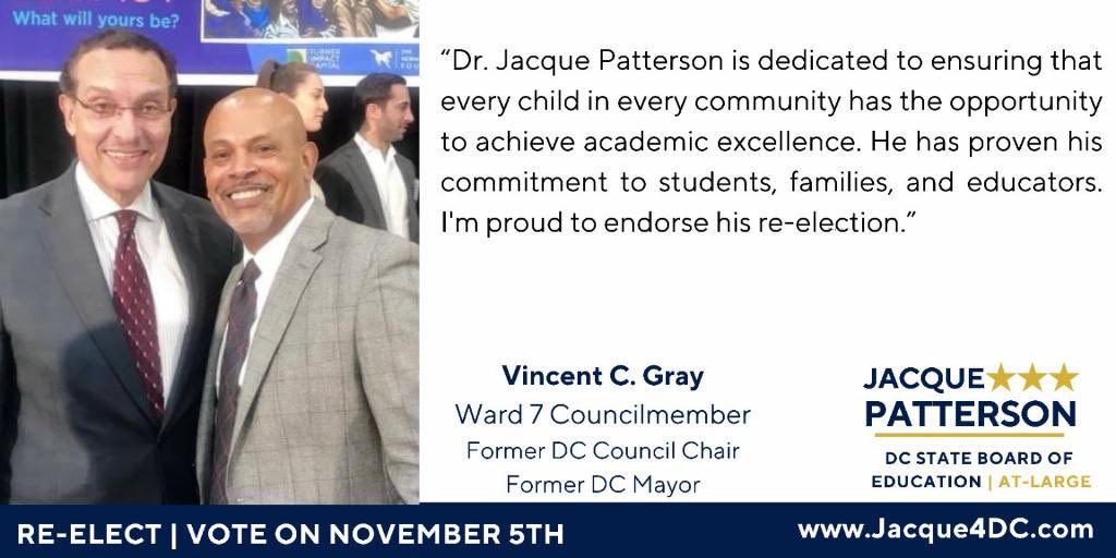 🚨#EndorsementAlert!
@VinceGrayWard7 impact on public education is unparalleled! Instituting universal preK3-4. Creating a community college at @udc_edu. Unapologetically fostering equity across the public education sectors. It is an honor to be endorsed to carry on his legacy!