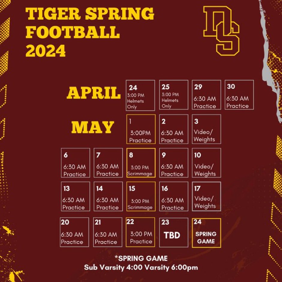 Spring Ball 2024 starts tomorrow afternoon. College coaches make sure you swing by and check us out. We got DUDES with high football IQ’s 🏉High GPA’s 📚and High Character 💛. TPD! #Recruitdrip