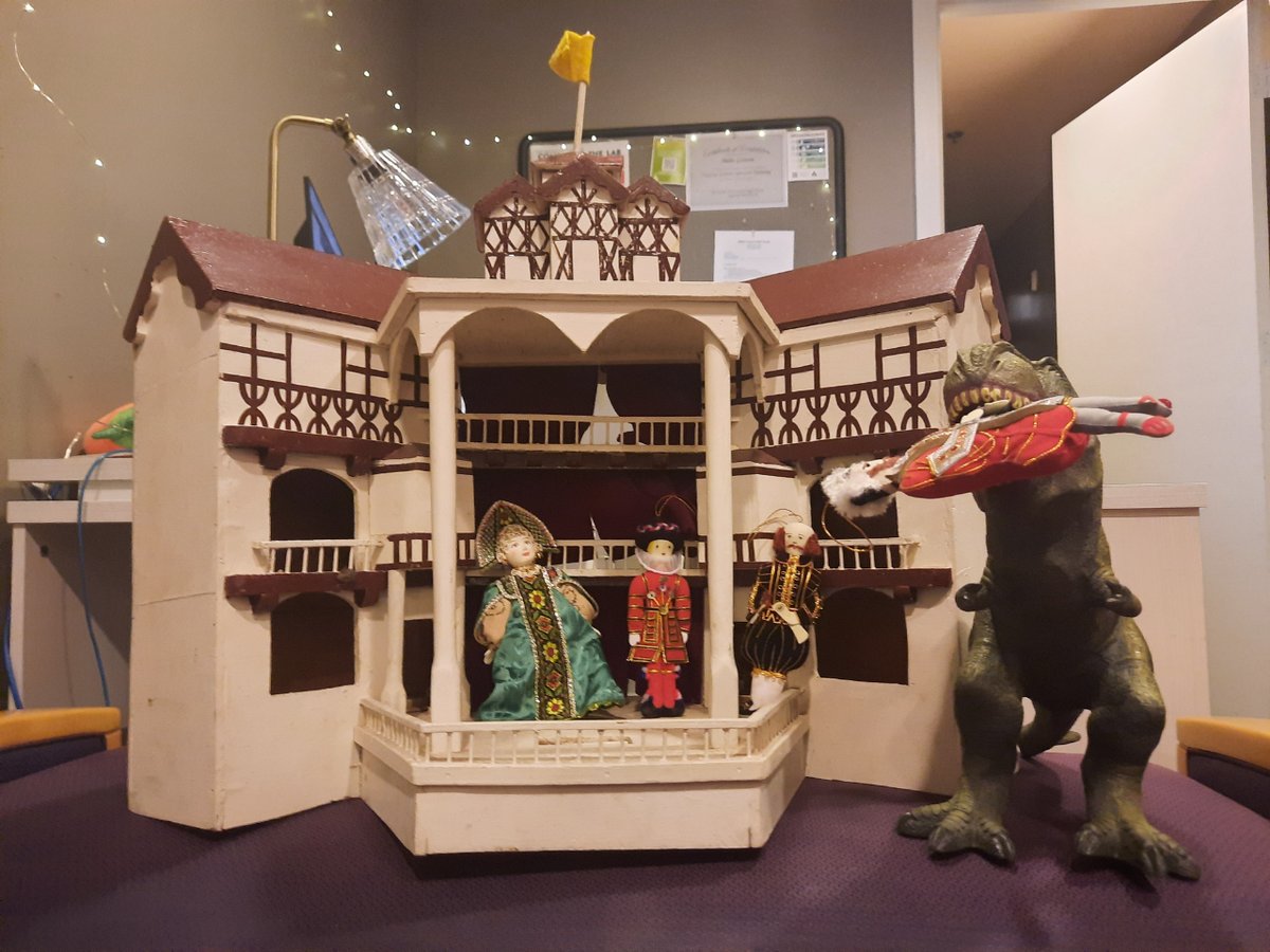 Francis is celebrating the Bard's birthday at our tiny Globe Theatre! His only note is that Shakespeare could have included more roles in his plays for tiny plastic dinosaurs. 
#majesticcorvallis #francisthedinosaur #williamshakespeare