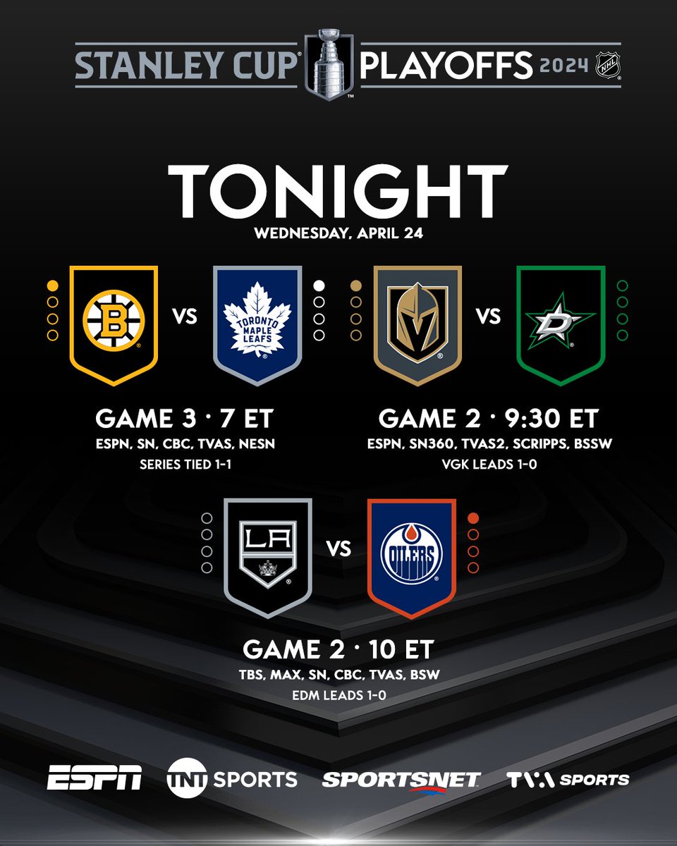 One series heads north of the 49th parallel for Game 3 while a pair of Western Conference matchups drop the puck for Game 2s during the fifth night of the 2024 #StanleyCup Playoffs. Catch the action on @ESPN, @TBSNetwork, @Sportsonmax, @Sportsnet and @TVASports. #NHLStats