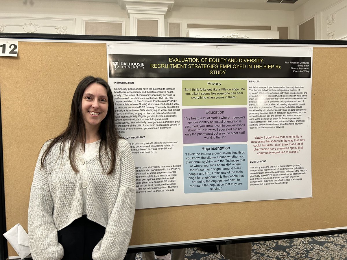 And another @DalHealth MSc student presenting at ID Research Day! Congrats @PilarRobgonz for showcasing your work on health equity in pharmacy-based services and research recruitment strategies! #DalPharm