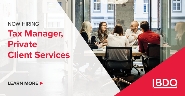 Check out this position as a Tax Manager in @BDO_USA_Tax's Private Client Services practice. #BDOCareers #TaxManager dy.si/V1SLW