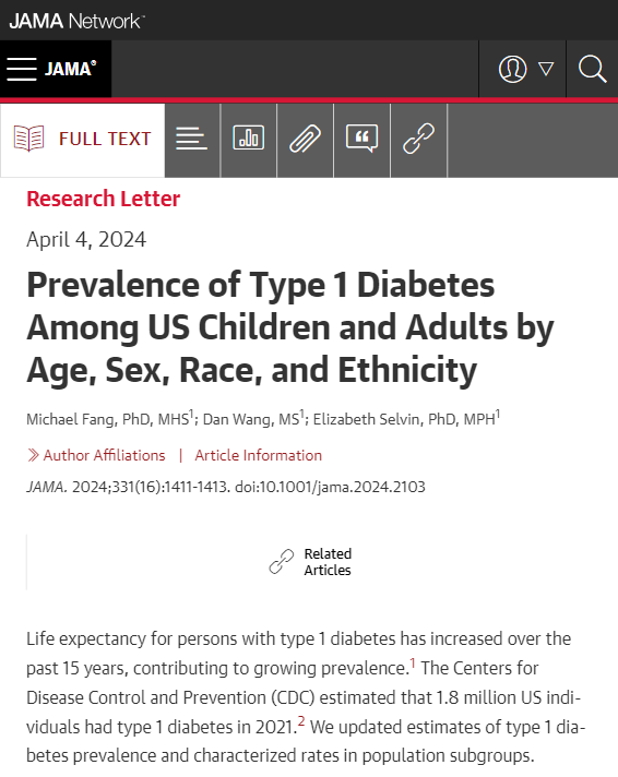 Nearly 4 in every 1000 youths and 5 in every 1000 adults in the US reported having type 1 diabetes from 2019 through 2022. ja.ma/3Qik1Sy