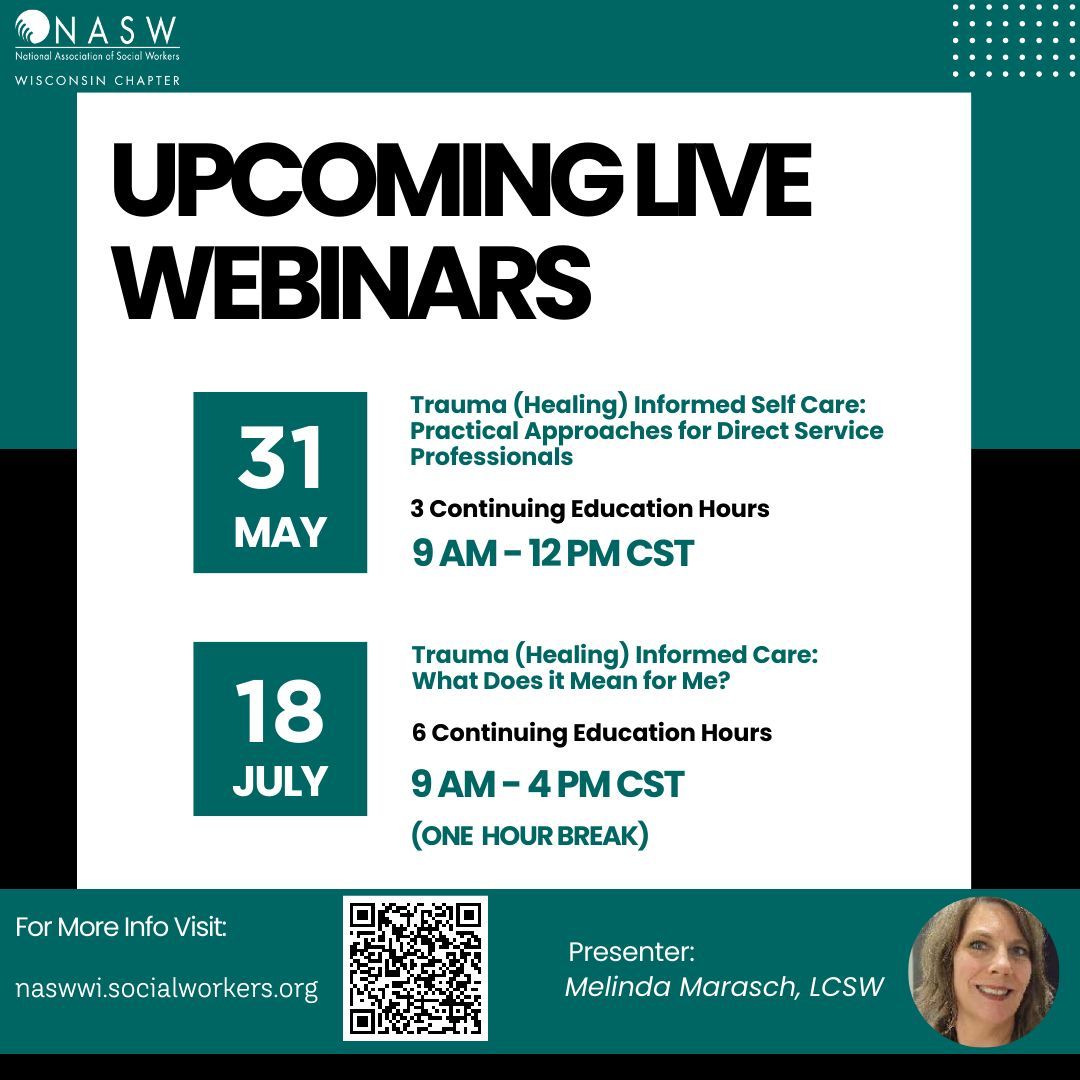 #NASWWI proudly offers two live virtual workshops on trauma & Self Care with Melinda Marasch, LCSW-Aspire Training and Consulting. To Learn More & Register, visit: buff.ly/49SCPP7 #SocialWork #CE