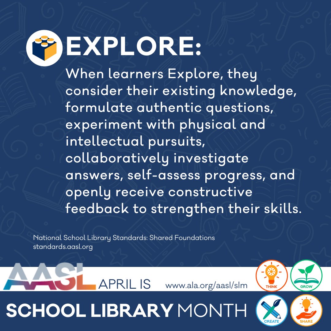 School librarians are in a unique position to promote the growth mindset in all learners by providing opportunities for exploration, supporting persistence, and encouraging continuous reflective thinking. standards.aasl.org #AASLslm #SchoolLibraryMonth #AASLstandards