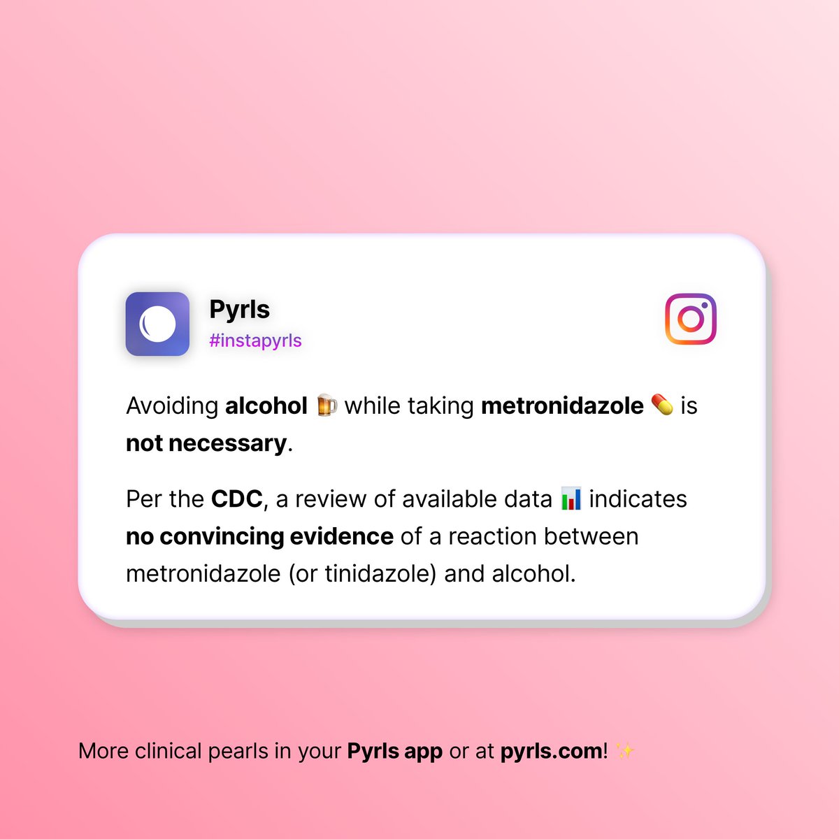 Avoiding alcohol 🍺 while taking metronidazole 💊 is not necessary. Per the CDC, a review of available data 📊 indicates no convincing evidence of a reaction between metronidazole (or tinidazole) and alcohol.
