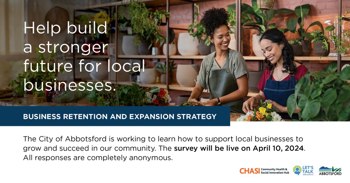 Last chance to take our Business Retention & Expansion survey! Abbotsford residents & businesses are encouraged to provide their feedback at letstalkabbotsford.ca/bre-strategy-s…. All survey participants are eligible to enter a draw to win 1 of 3 $100 gift cards to Abbotsford businesses.