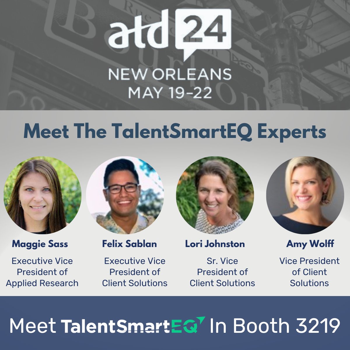 We're excited to announce in just a few weeks, TalentSmartEQ will be at ATD24!

Contact us to set up a discussion at the conference: calendly.com/tojo248/15min 

#EmotionalIntelligence #TalentSmartEQ #EQinAction #Habits #EmotionsMatter #Leadership #ProfessionalDevelopment #ATD24