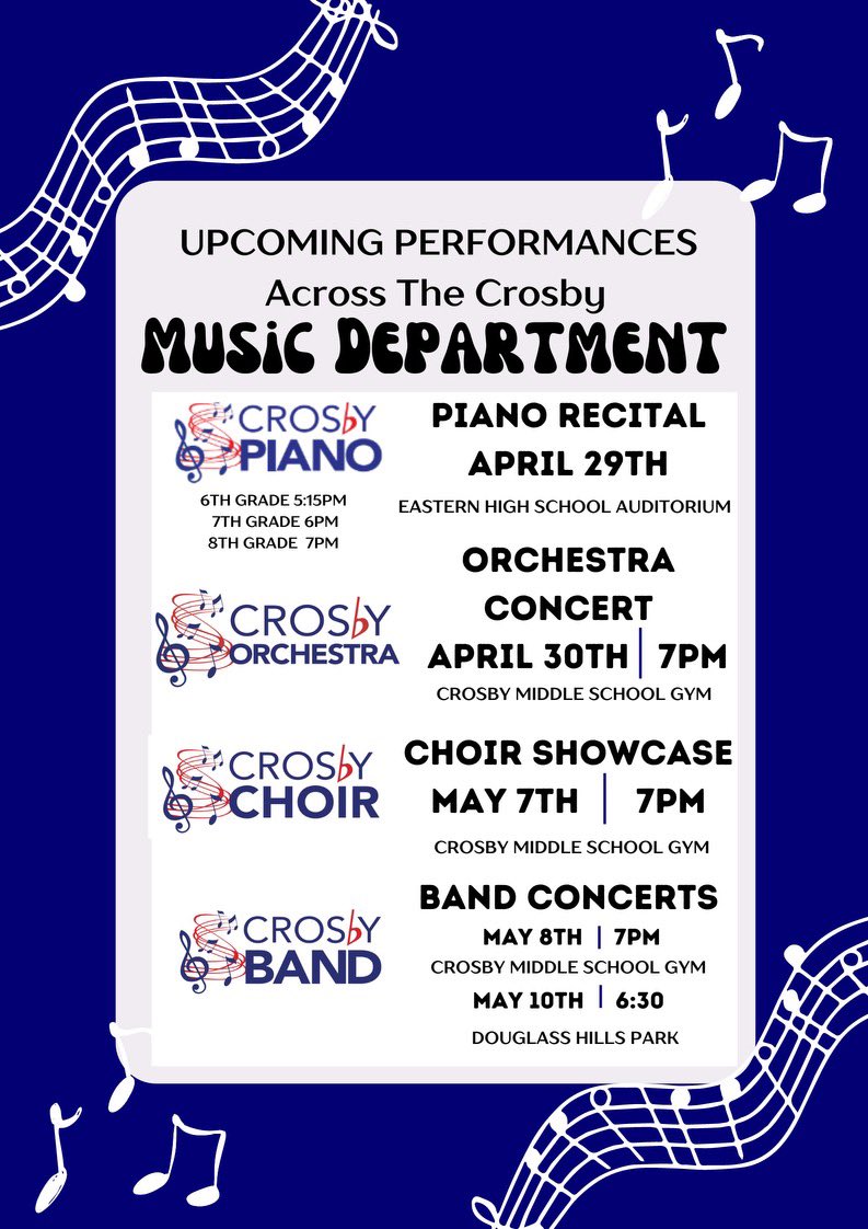 @CrosbyMiddle musicians are busy preparing for their performances! There’s many opportunities to hear some beautiful music 🎶 #ThePlacetoBeMusical @CrosbyBand @CrosbyOrchestra @CrosbyMSChorus