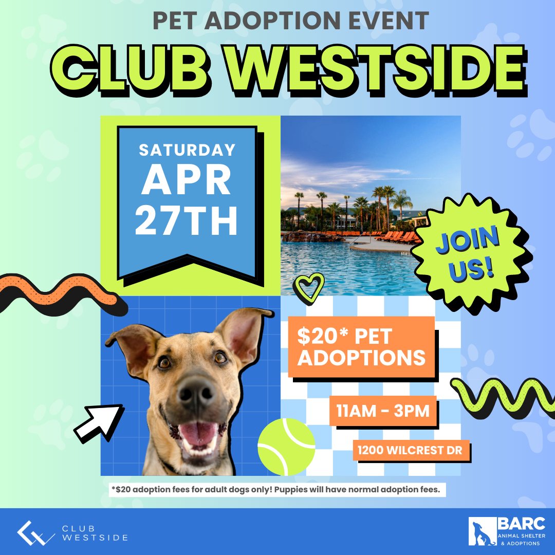 Join us for a tail-wagging affair at BARC Animal Shelter's upcoming dog adoption event! 🐶 Hosted by the incredible team at Club Westside and Linda McIngvale! Mark your calendars for April 27th, 11am - 3pm, at 1200 Wilcrest Dr, Houston, TX 77042. 🐶❤️
