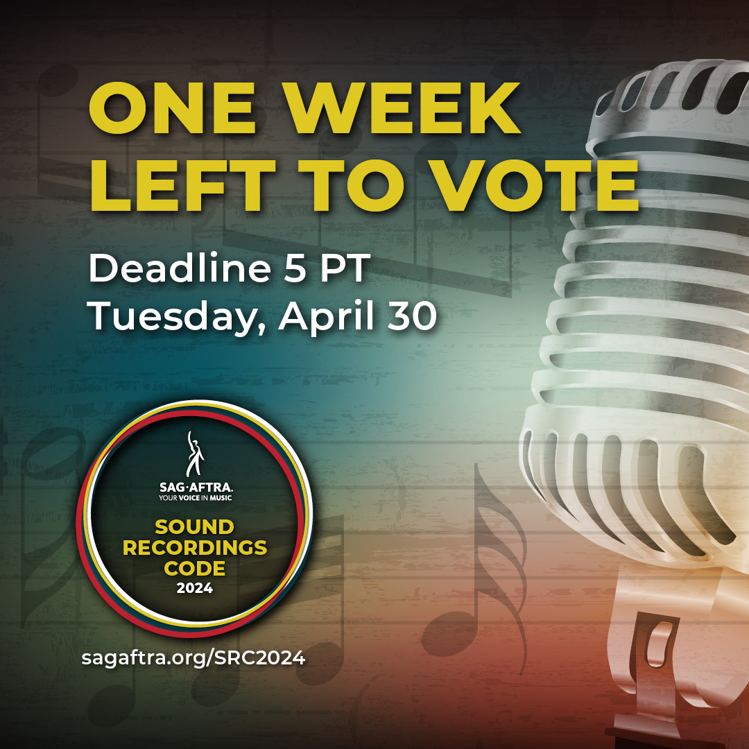 Attention #SagAftraMembers 🚨 There is ONE WEEK left to vote for the Sound Recordings Code tentative agreement! Lock in gains for groundbreaking A.I. protections, wage increases and MORE. Make sure to vote by 5 PT on Tuesday, April 30. 🎙️ More info at sagaftra.org/SRC2024.