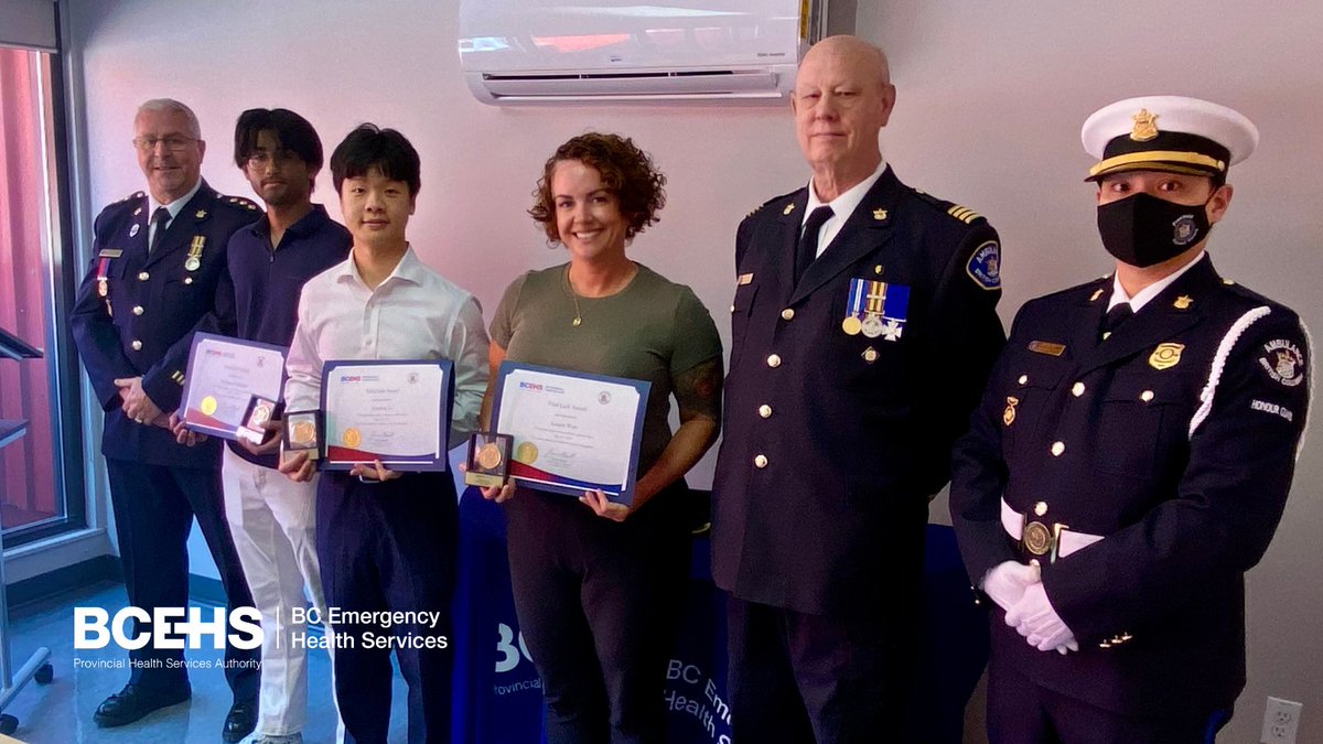This morning, BCEHS presented Vital Link Awards to Madhav Chhibbar, Lyndon Li & Laurie Watt for helping save the life of a patron of the South Arm Community Centre in Richmond who collapsed in the gym. Madhav & Lyndon performed CPR and used an AED, while Laurie called 911.
