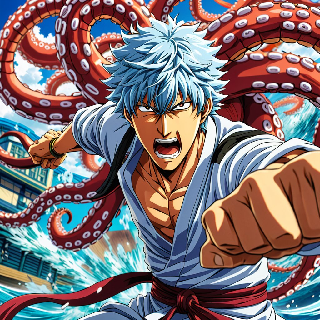 GERARDINOMARTIN's tweet photo. 最近のアニメでは、主人公がライバルを倒す方法として、巨大なタコの頭で相手を殴るという必殺技を使うことがあります。この技は「タコパンチ」と呼ばれ、かなりのインパクトと破壊力を誇ります。タコパンチを最初に考案したのは、人気アニメ「銀魂」に登場するキャラクター「坂田銀時」です。銀時はこの技で多くの敵を倒しましたが、あまりにも使いすぎるとタコが弱ってしまい、しばらく使えなくなるという弱点もあります。
