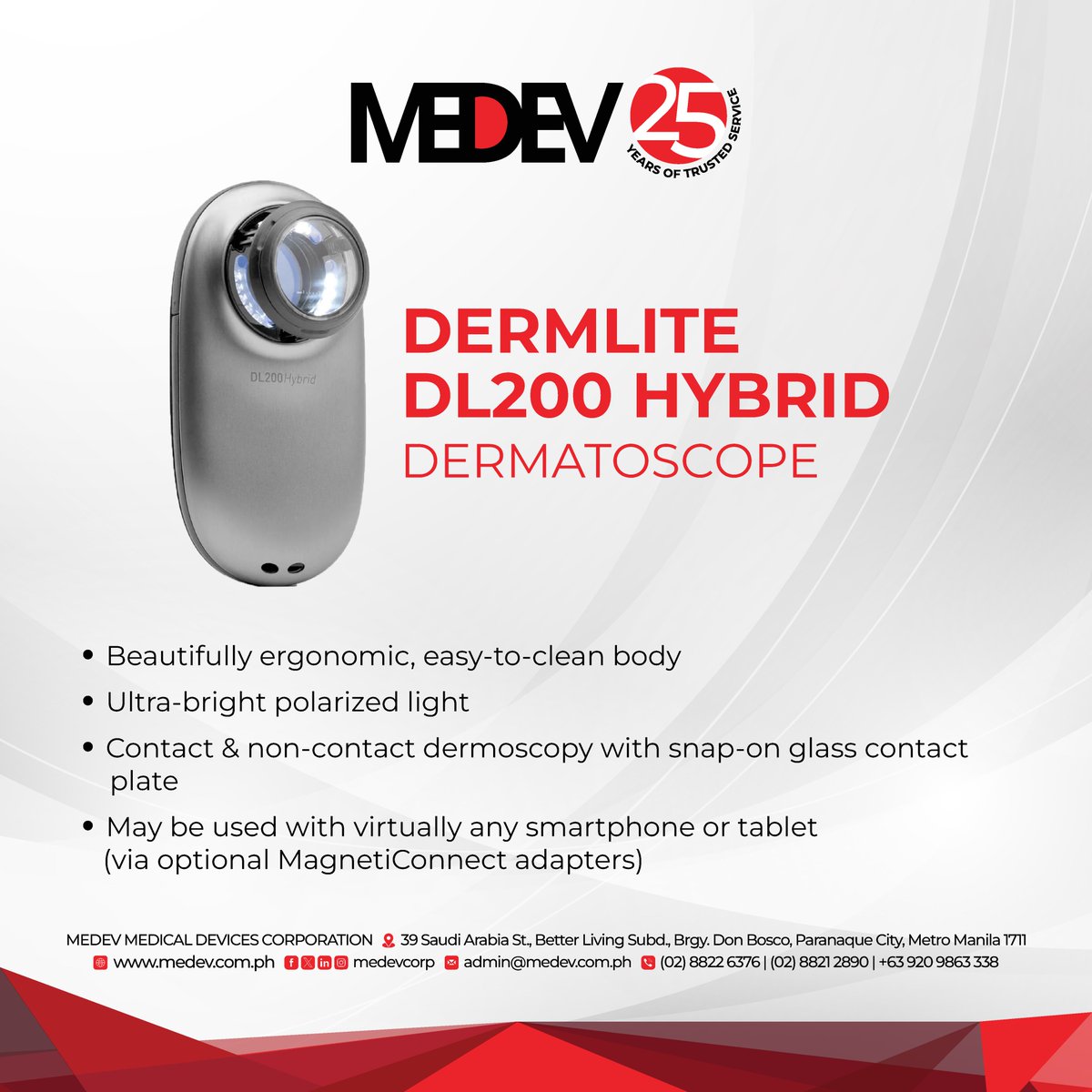 MEDEVCORP's tweet photo. Introducing the DermLite® DL200: ergonomic design, DL2 optics, retractable spacer, IceCap® compatible, extended battery, MagnetiConnect® smartphone connectivity, Hybrid model for polarized &amp; non-polarized—all in one sleek unit. #Dermlite #Dermatoscope #MEDEV #MEDEV25Years https://t.co/PM6tfHPbKg